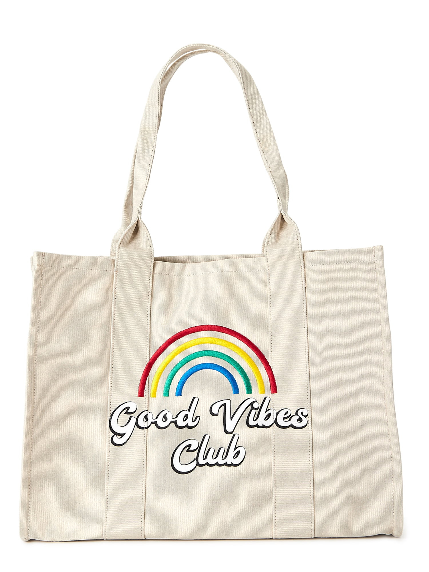 Time and Tru Women's Elevated Canvas Tote Bag Papyrus Beige Good Vibes Club - Walmart.com | Walmart (US)