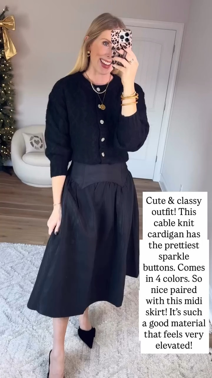 Walmart try on, black midi skirt, sparkle button cardigan 

#LTKHoliday #LTKFindsUnder50 #LTKStyleTip