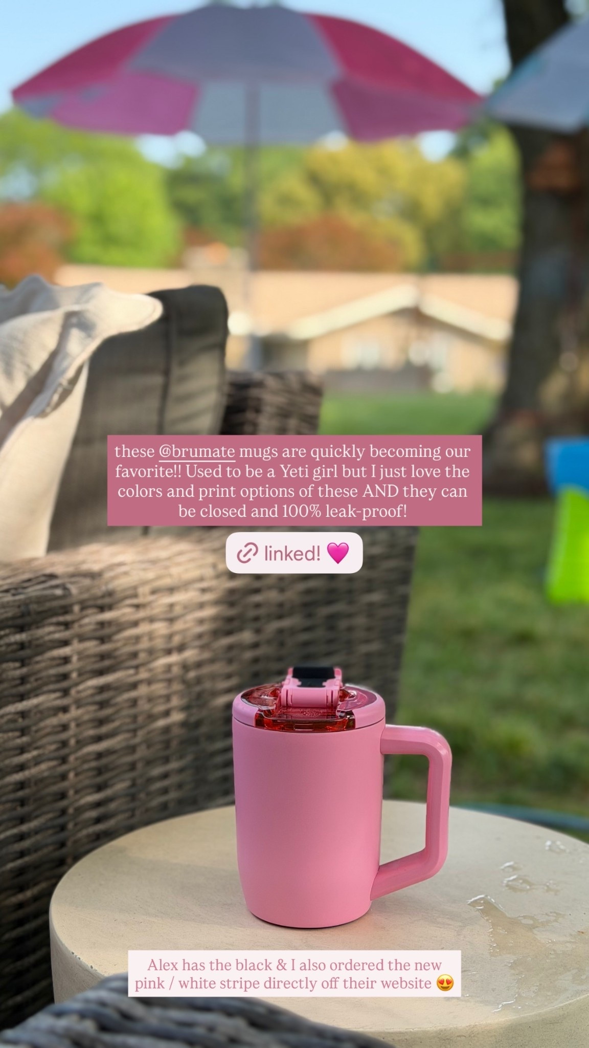 these @brumate mugs are quickly becoming our favorite!! Used to be a Yeti girl but I just love the colors and print options of these AND they can be closed and 100% leak-proof!  Alex has the black & I also ordered the new pink / white stripe directly off their website 😍