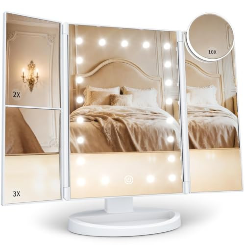 HUONUL Makeup Mirror Vanity with Lights, 2X 3X 10X Magnification, Touch Control, Trifold Mirror, Dual Power Supply, Gifts for Women, Wife, Mom, Teengirls(White) | Amazon (US)