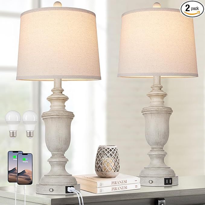 Farmhouse Table Lamps Set of 2 with USB Charging Port for Rustic Living Room Retro Bedroom,3-Way ... | Amazon (US)