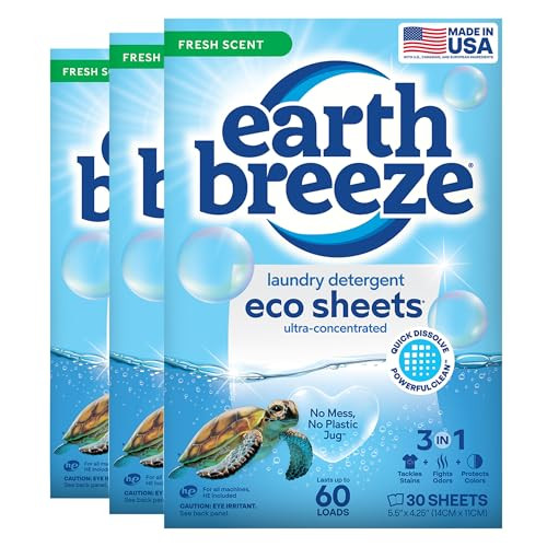 Earth Breeze Laundry Detergent Sheets Fresh Scent - 60 Loads per package. Eco Liquidless Soap - Travel-Friendly for Hot & Cold Cycles, Tackles Tough Stains & Odors - Gentle on Skin, 30 sheets (3 Pack) | Amazon (US)