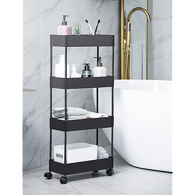 AOJIA Bathroom Storage Cart, 4 Tier Slide Out Storage Cart Bathroom Cart Organizer Black Mobile Shel | Amazon (US)