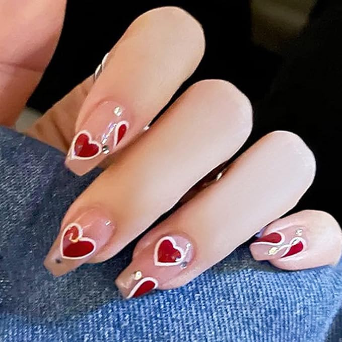 QINGGE Cute Nude Press on Nails Short Coffin Fake Nails with Rhinestones Designs Valentine's Day ... | Amazon (US)