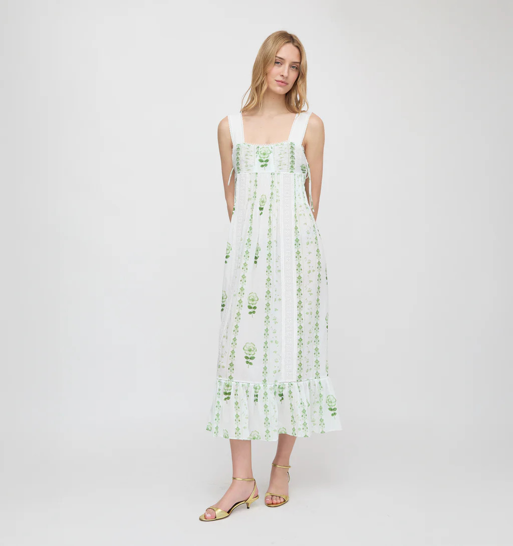 The Lux Nightgown - White/Green Arcadia Border | Hill House Home US