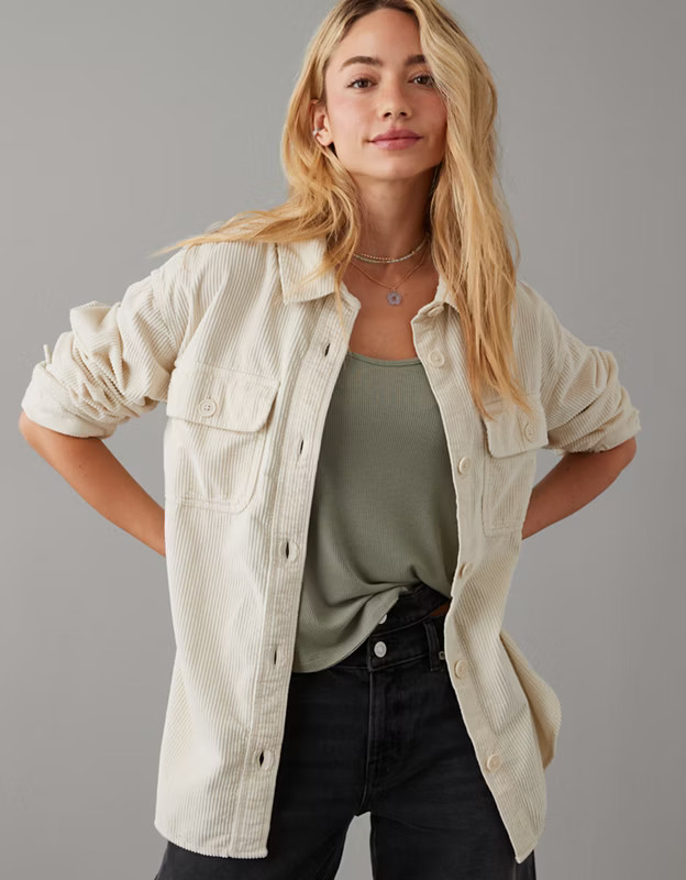 AE Dreamy Drape Oversized Corduroy Shirt | American Eagle Outfitters (US & CA)