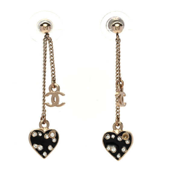 Resin Crystal Pearl CC Heart Chain Earrings Black Gold | FASHIONPHILE (US)