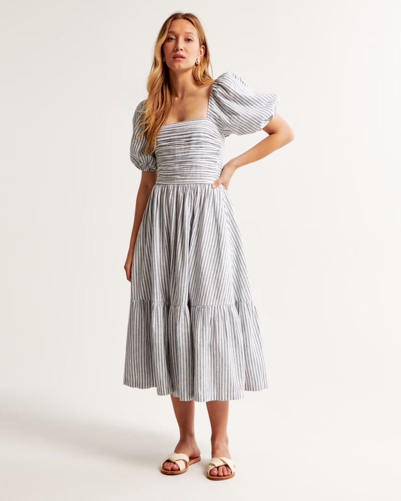 Women's Emerson Linen-Blend Puff Sleeve Midi Dress | Women's New Arrivals | Abercrombie.com | Abercrombie & Fitch (US)