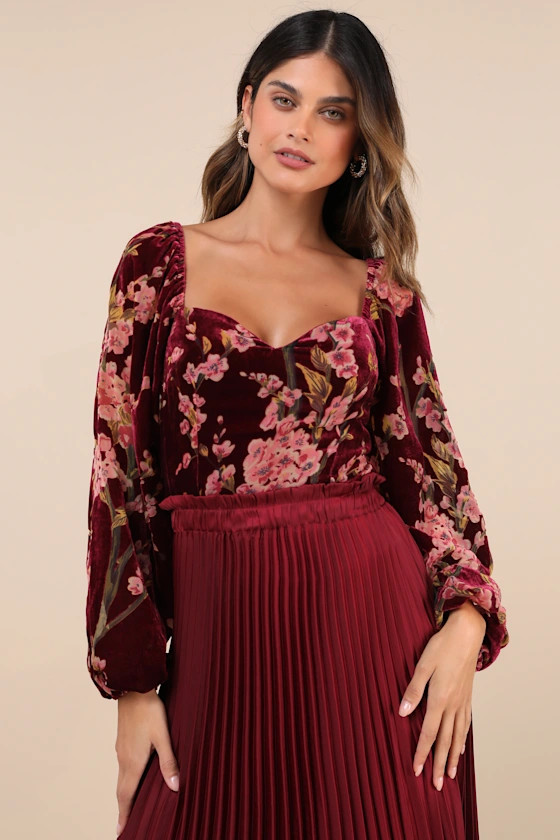 Luxe Romance Burgundy Velvet Floral Burnout Long Sleeve Bodysuit | Lulus