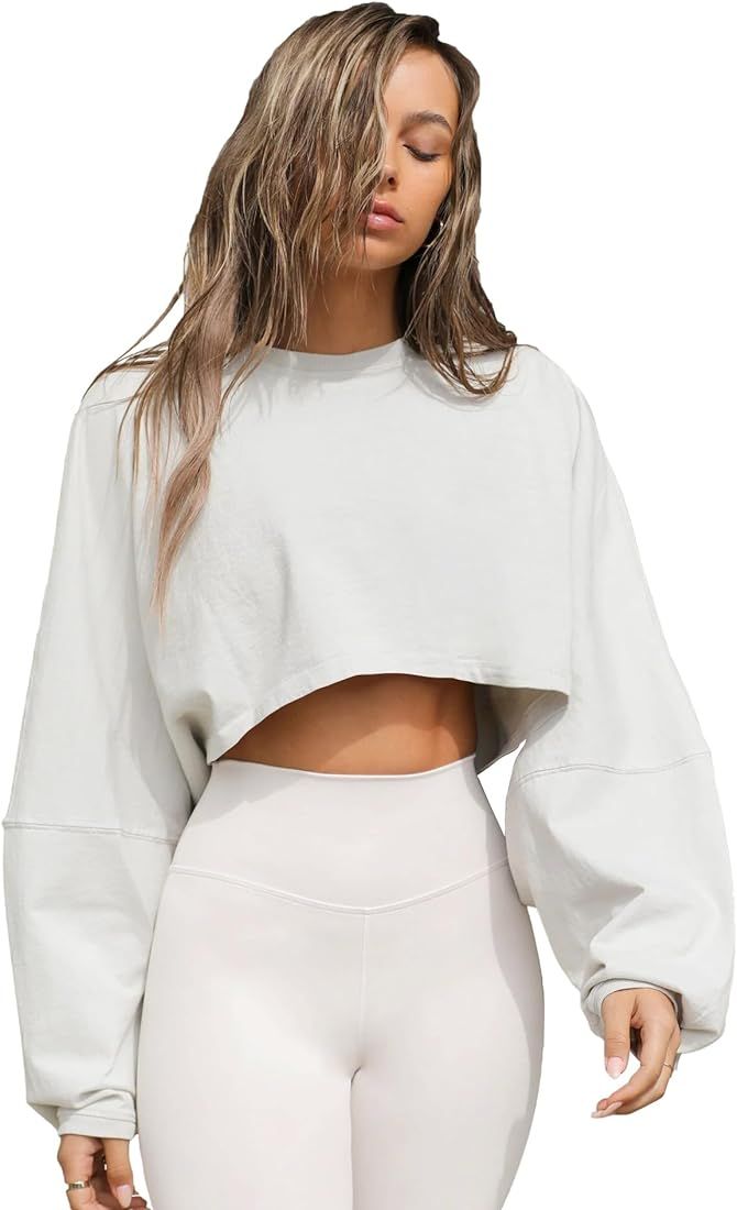 Women Long Sleeve Cropped Sweat Shirts Drop Shoulder Oversized Crewneck Y2k Tees Pullover Tops | Amazon (US)