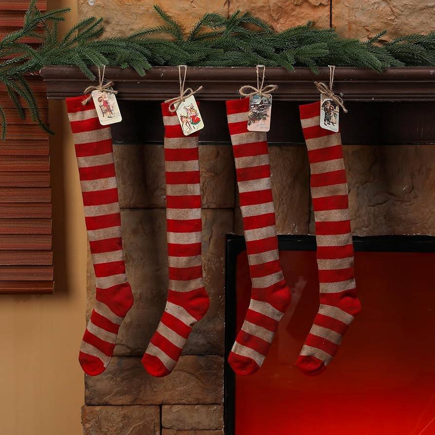 4 Pcs Primitive Christmas Stockings Rustic Red and White Striped Stockings with Vintage Tag Retro... | Amazon (US)