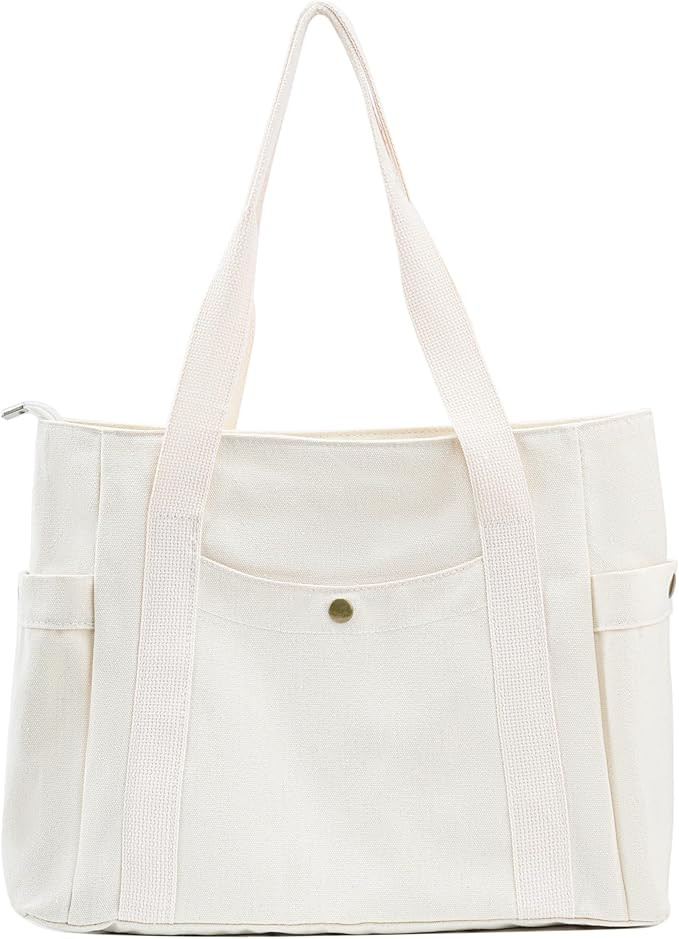 Canvas Tote Bag with Zipper, Multiple Pockets for Daily Essentials, Travel, Work | Amazon (US)