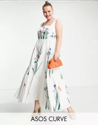 ASOS EDITION Curve square neck cotton floral maxi dress in white | ASOS (Global)
