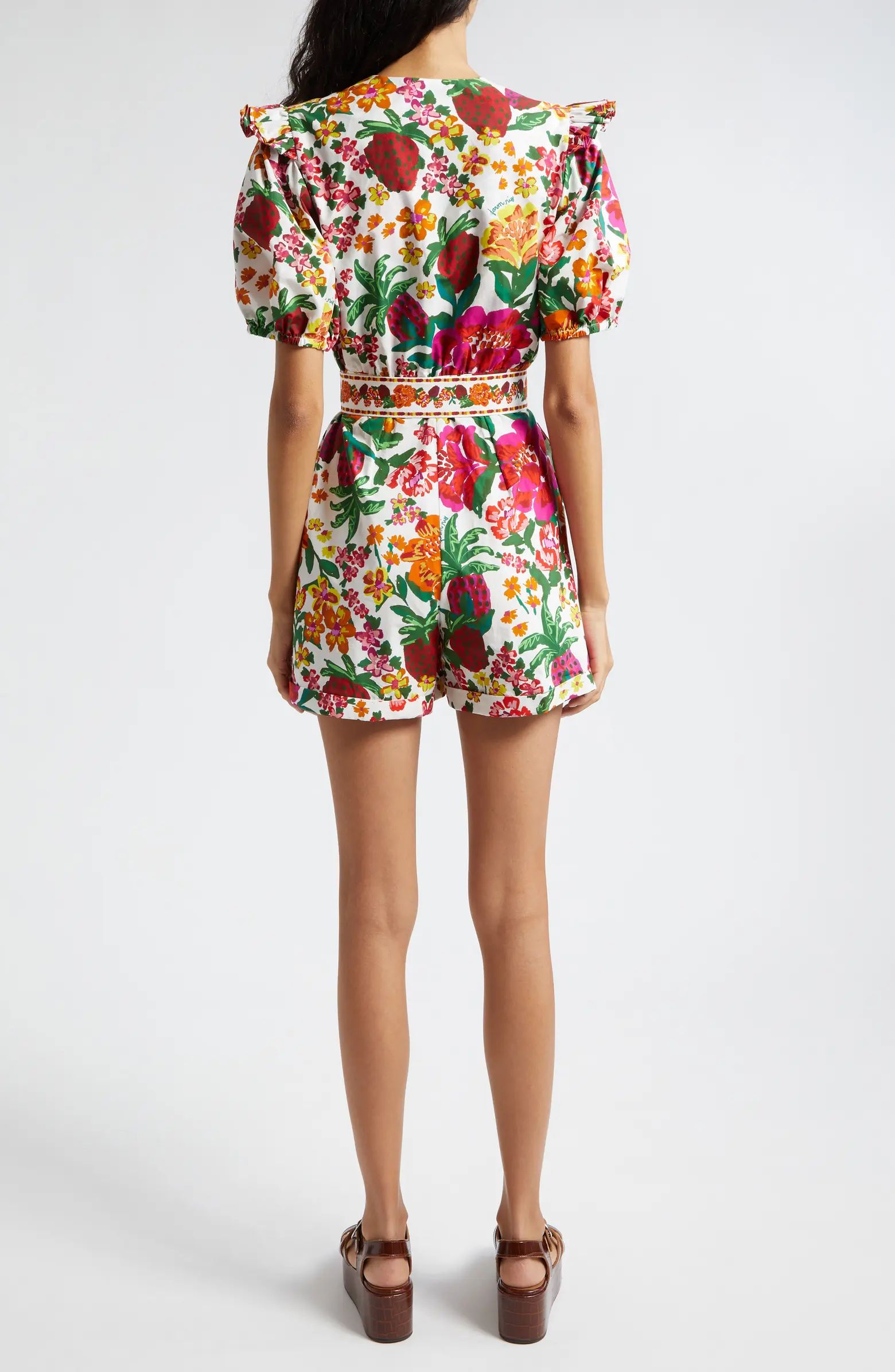 FARM Rio Flowerful Puff Sleeve Cotton Belted Romper | Nordstrom | Nordstrom