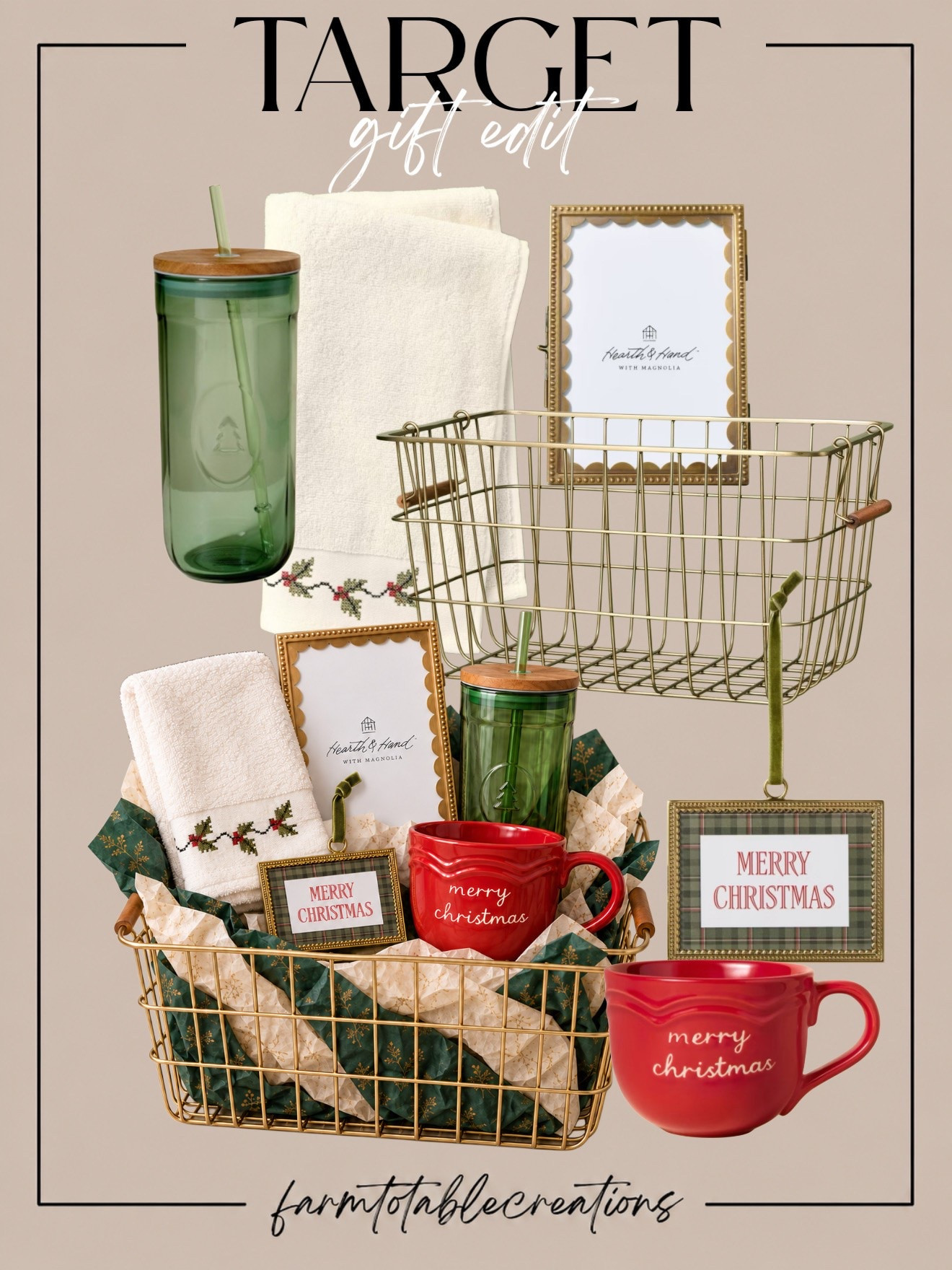🎁 Target Hearth & Hand Christmas Gift Basket

Such a cute Target gift idea for Christmas! These Hearth & Hand with Magnolia finds come together to make the sweetest holiday gift basket—the festive red mug, green tumbler, embroidered towel, gold frames, and wire basket feel classic, cozy, and perfectly Christmas-ready. 🎄✨

Recreate the whole basket or pick a few favorites to customize it for a teacher, hostess, neighbor, coworker, friend, or family member. Add festive tissue paper and a gift card for an easy gift that looks thoughtful and beautifully put together!

Follow @farmtotablecreations on Instagram for more cozy home finds and trending decor.

#LTKGiftGuide #LTKHome #TargetFinds #TargetStyle #TargetHome #TargetChristmas #HearthAndHand #HearthAndHandWithMagnolia #ChristmasGiftIdeas #HolidayGiftIdeas #GiftBasketIdeas #TeacherGift #HostessGift #NeighborGift #ChristmasGifts #HolidayFinds

#LTKHome #LTKSeasonal