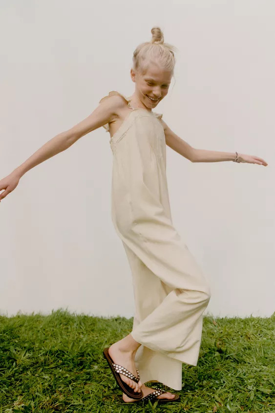 LONG LACE TRIM LINEN BLEND JUMPSUIT | Zara US