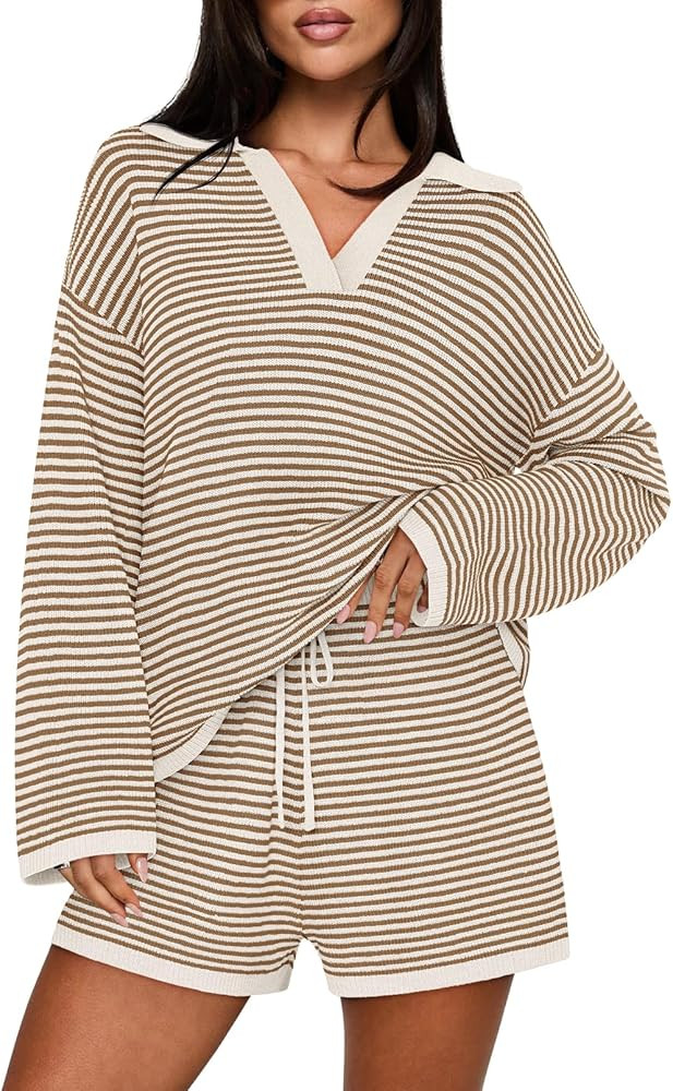 MEROKEETY Lounge Sweater Sets for Women 2 Piece Outfits Casual Long Sleeve Striped Tops Shorts Ma... | Amazon (US)