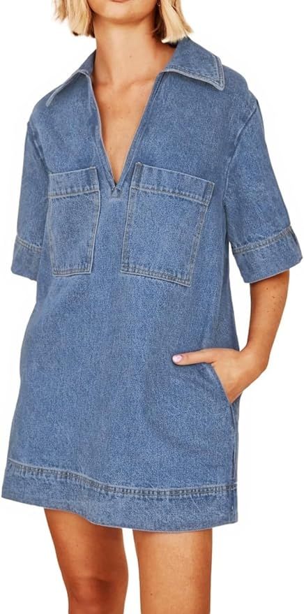Women Blue Denim Dress Summer Deep V Half Sleeve Casual Loose Collared Shift Mini Jean Dress with... | Amazon (US)