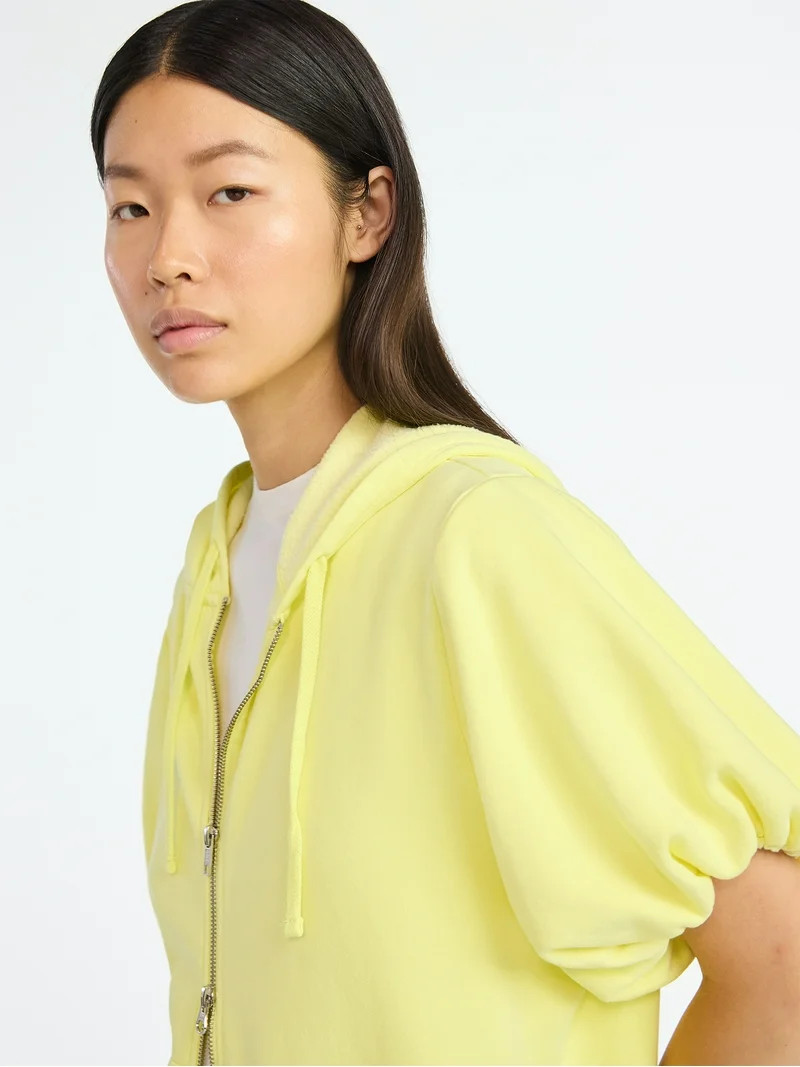 Scoop Women’s Mineral Washed Zip Hoodie with Short Puff Sleeves, Sizes XS-XXL | Walmart (US)