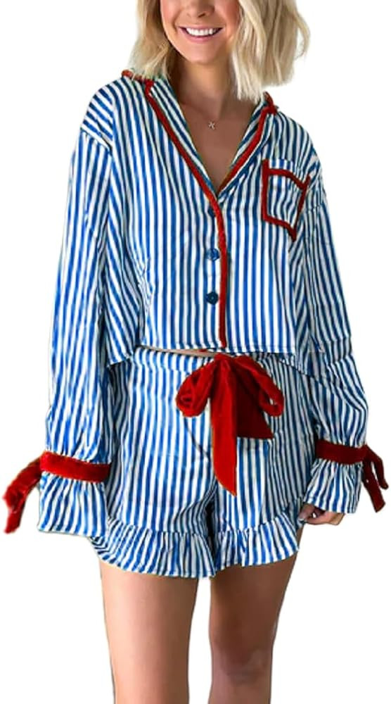 Women Silk Christmas Pajamas 2 Piece Satin Xmas Pjs Striped Print Long Sleeve Bow Tie Shirt Short... | Amazon (US)