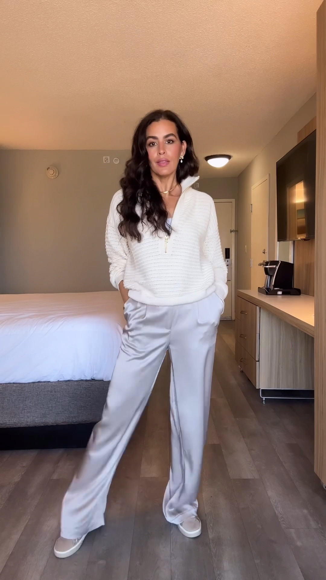 ‼️All details below⬇️
Wearing a size S x 32” in the satin pants.
Size S in joggers and sweatshirt.
Size M in sweater.
Valentino shoes run small. 
Dolce vita shoes are tts. 
Lipstick is 320 hush hush.
Spring outfits, new arrivals, airport outfits, joggers set. Comfy, casual outfits 

#LTKMostLoved 

#LTKHoliday #LTKGiftGuide #LTKOver40