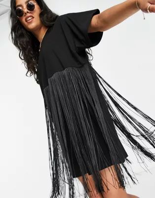 ASOS DESIGN mini t-shirt dress with fringing in black | ASOS (Global)