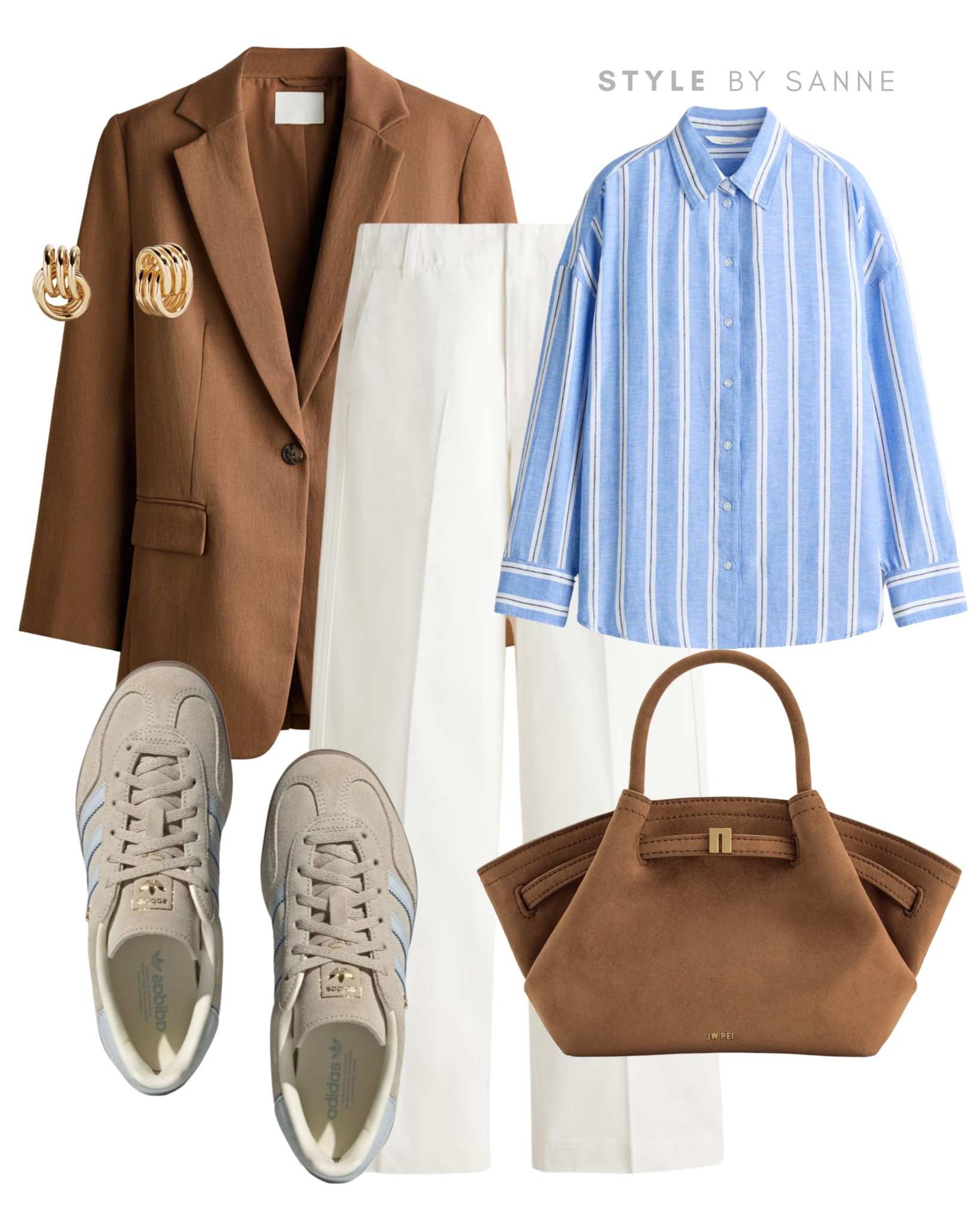 A warm brown blazer paired with soft cream trousers creates a timeless, elegant base. Styled with a light blue striped shirt, suede sneakers and a structured bag for an effortlessly polished everyday look.🤌🏼

#LTKworkwear #LTKspring #LTKstyletip