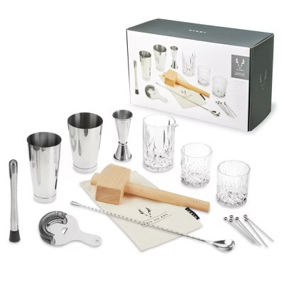 Viski 17-Piece Bartender Kit, Shakers Tins, Mixing Glass, Jigger, Muddler, Strainer, Spoon, Whiskey Glasses, Ice Bag, Mallet, Picks, Bar Gifts for Men | Target