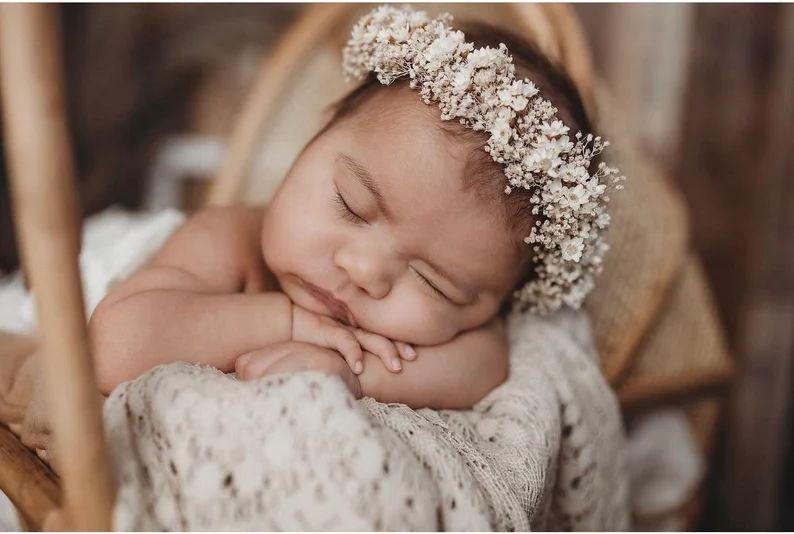 Dia  mini flower babys breath neutral ivory organic dried newborn flower crown tieback halo | Etsy (US)