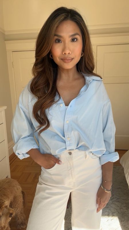 How I tuck my oversized button downs 💙 

Sizing:
Oversized button up poplin shirt - tts, xs
Denim - tts, 25 standard in the crop style / my color is tile white from last year but they have a cream color this year
Wedges - I sized up half a size super comfy

