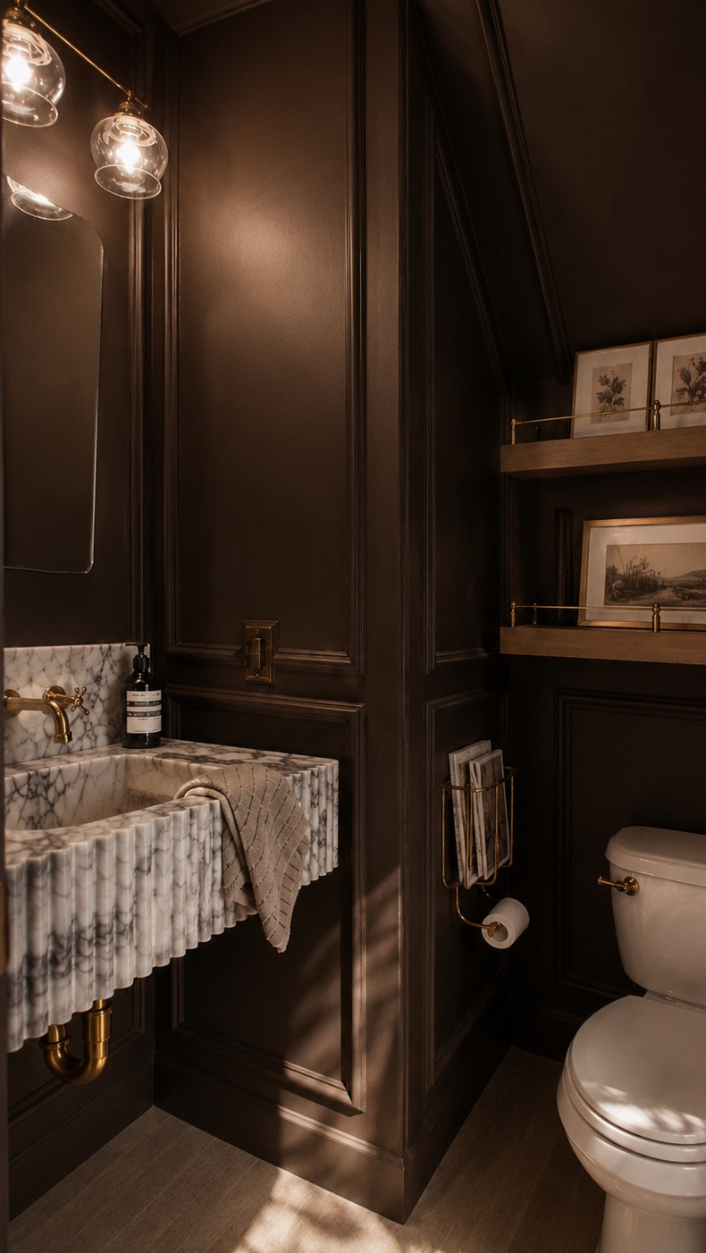 Let’s turn my basic beige bathroom into a moody, dramatic powder bath.

This space finally feels finished, and honestly… it came down to layering in those smaller intentional details that make a room feel custom and collected instead of builder grade.

One of my favorite additions was the DIY brass gallery rail on the shelves. I’ve been obsessed with those vintage-inspired brass rails lately, but the custom versions are insanely expensive, so I found a way to get the same look for way less

. The muted antique brass against the darker wood tones adds so much warmth and makes the shelves feel so much more elevated and built-in.

It completely changed the feel of the entire room and made everything look more rich, timeless, and cohesive.

Proof that sometimes the smallest details make the biggest impact in a renovation.
 . . #homedecor #bathroomdesign #interiordesign #moodyinteriors #neutralhome
moody bathroom, brass gallery rail, bathroom renovation, powder bath makeover, shelf styling ideas, custom shelving look, vintage inspired decor, warm neutral interiors, elevated home details, designer home inspiration, luxury home decor, modern vintage interiors, cozy home aesthetic, bathroom styling ideas, DIY home projects
