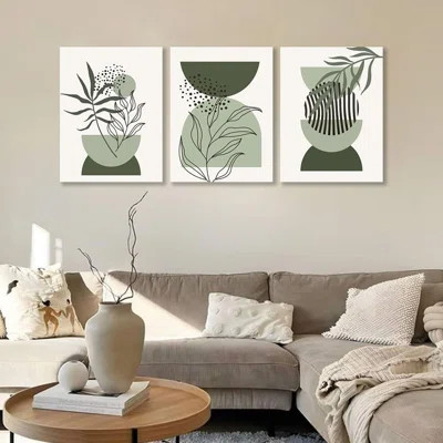 Sage Green Framed Canvas Wall Art, Boho Wall Art Set Of 3, Minimalist Boho Wall Decor Canvas Artwork Painting Geometric Line Leaf Sun Moon Beige Green | Wayfair North America
