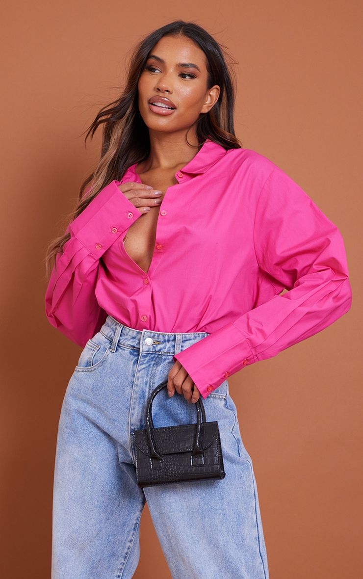 Hot Pink Poplin Oversized Cuff Shirt | PrettyLittleThing US