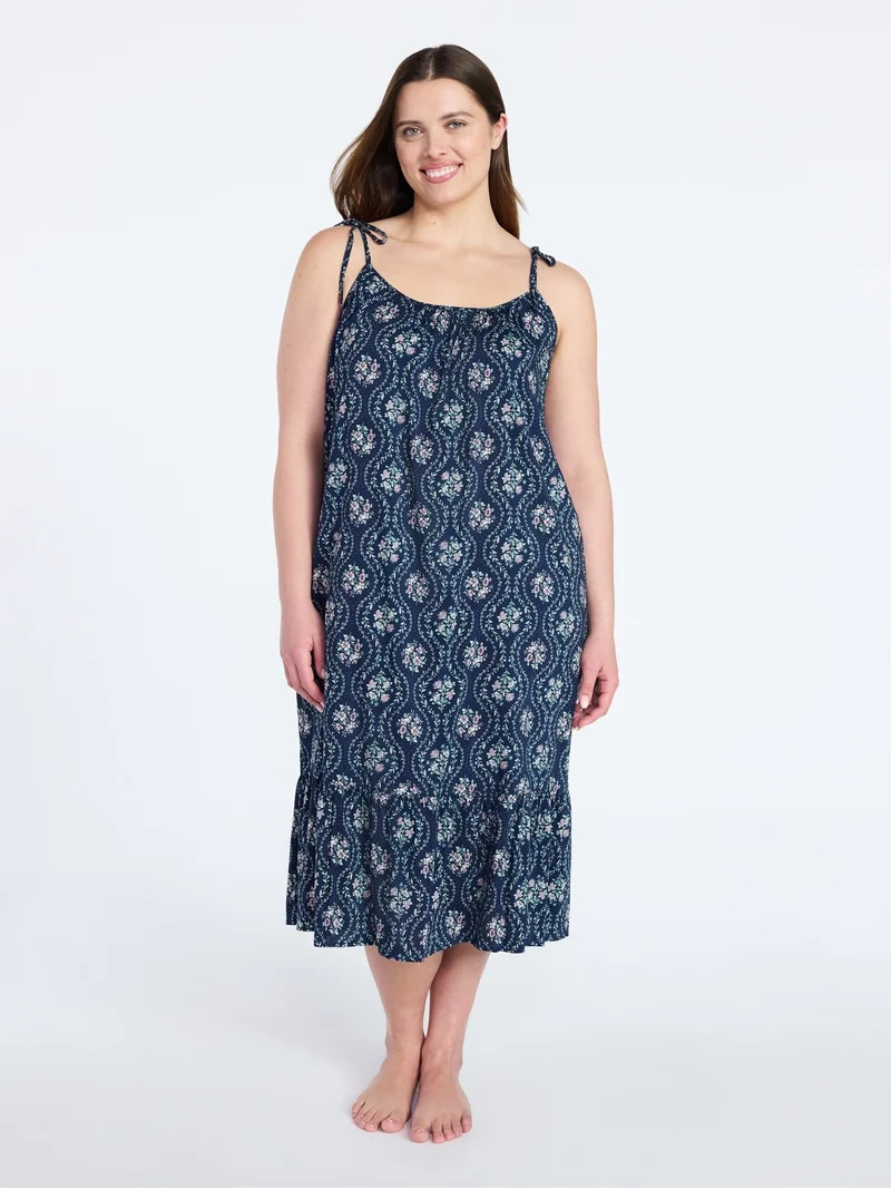 Joyspun Women's Woven Midi Sleep Gown with Shoulder Tie, Sizes XS-3X | Walmart (US)