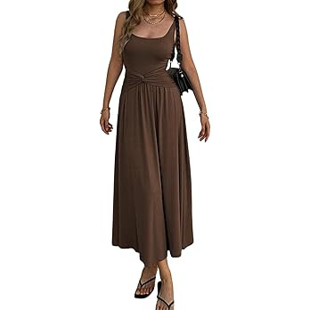 Mieazom Women's Summer Mock Knot Front Maxi Dress Sleeveless Square Neck Corset Ruched Waist Emip... | Amazon (US)