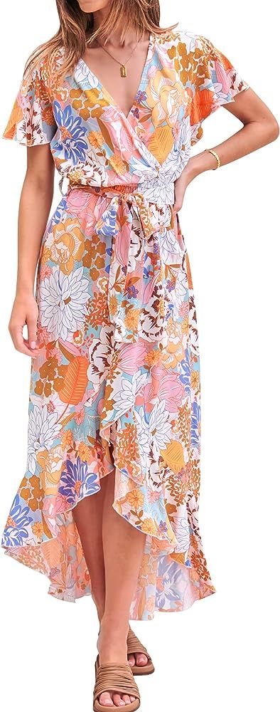 ZESICA Women's Summer Bohemian Floral Printed Wrap V Neck Beach Party Flowy Ruffle Midi Dress,Tan... | Amazon (US)