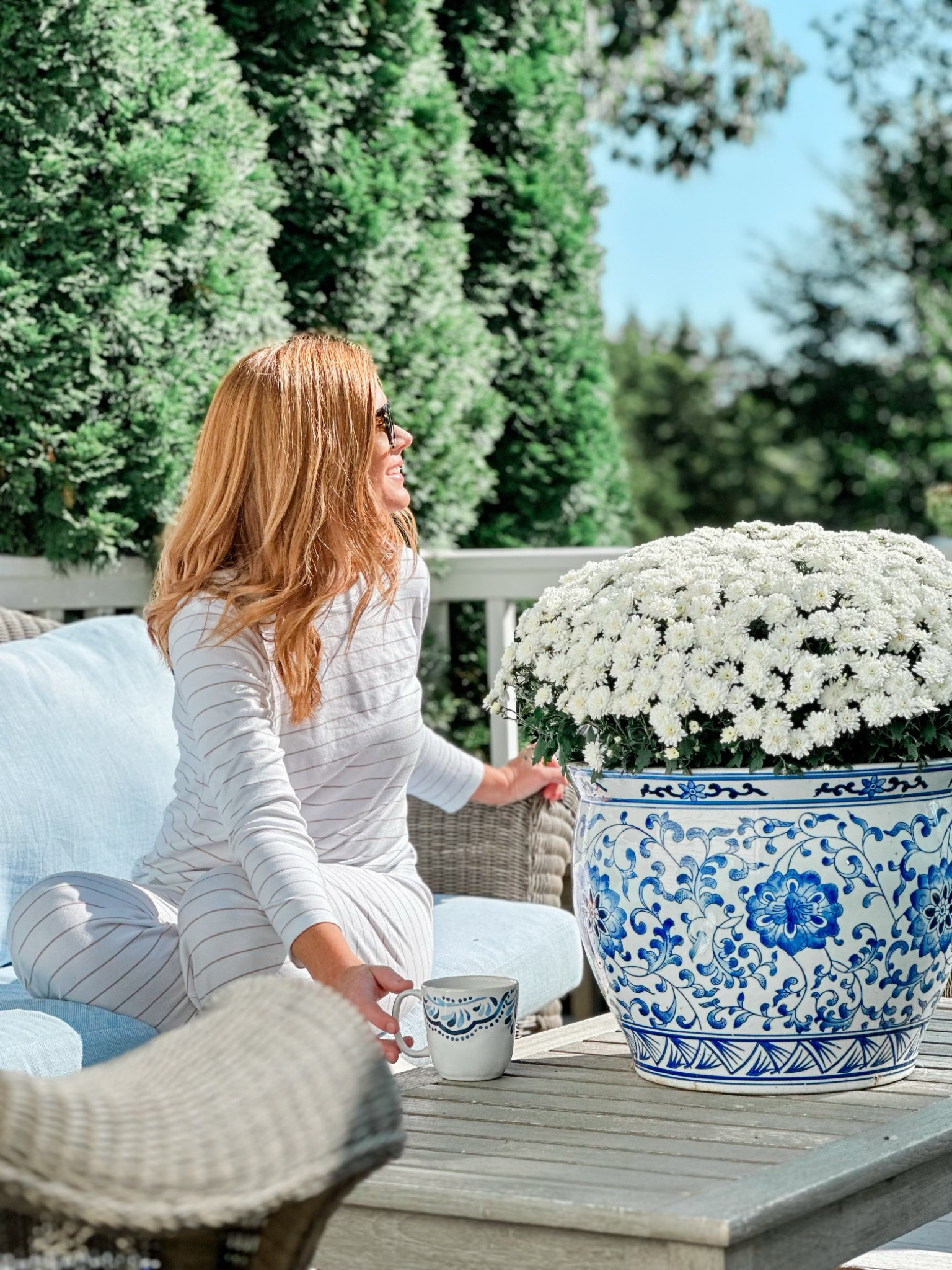 Lake pajamas for fall, fall porch, patio, fall planter, blue and white planter, porch, patio, patio furniture, perennials fabric, fall pajamas, pina cotton pajamas 

#LTKhome #LTKSeasonal #LTKstyletip