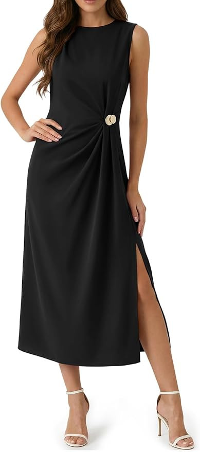 Wenrine Womens Sleeveless Ruched Maxi Dress Summer Casual Crewneck High Slit Long Cocktail Dresse... | Amazon (US)