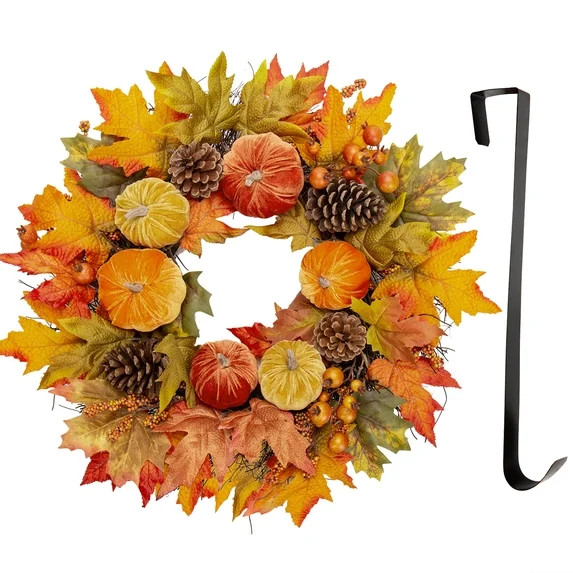 24'' Autumn Pumpkin Wreath Velvet Pumpkin Fall Maple Leaves Pinecones Wreaths for Front Door Home... | Walmart (US)