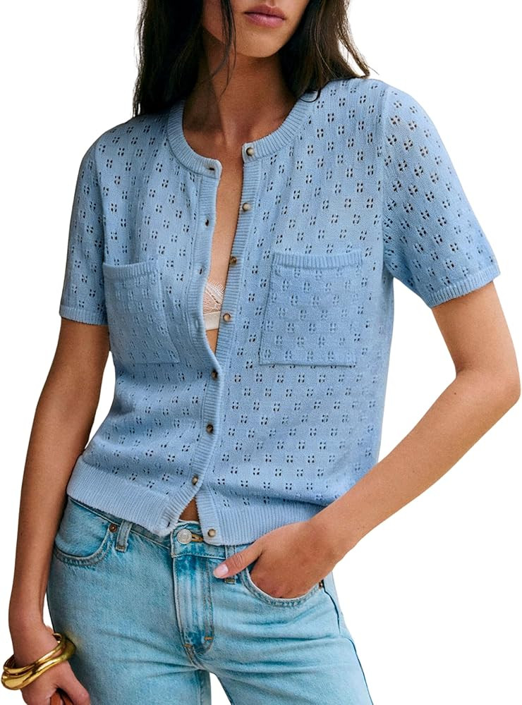 Women's Lightweight Cotton Crochet Cardigan Short Sleeve Button Up Cropped Cardigan Sweaters Summ... | Amazon (US)