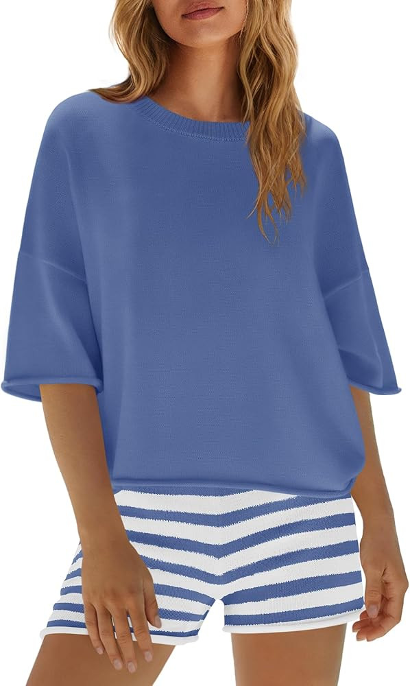 Yanekop Womens Striped Set 2 Piece Outfits Sets Oversized Summer Lounge Short Sets Beach Vacation... | Amazon (US)