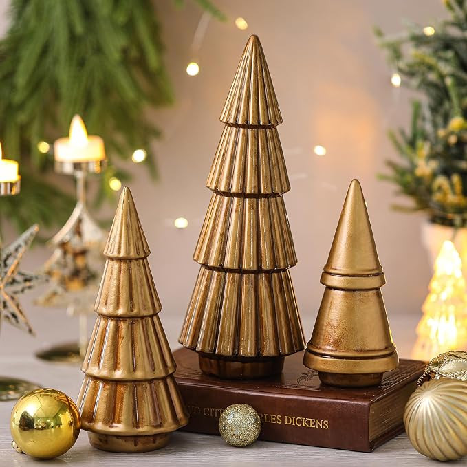 3 Pcs Neutral Christmas Tree Figurines,Gold | Amazon (US)