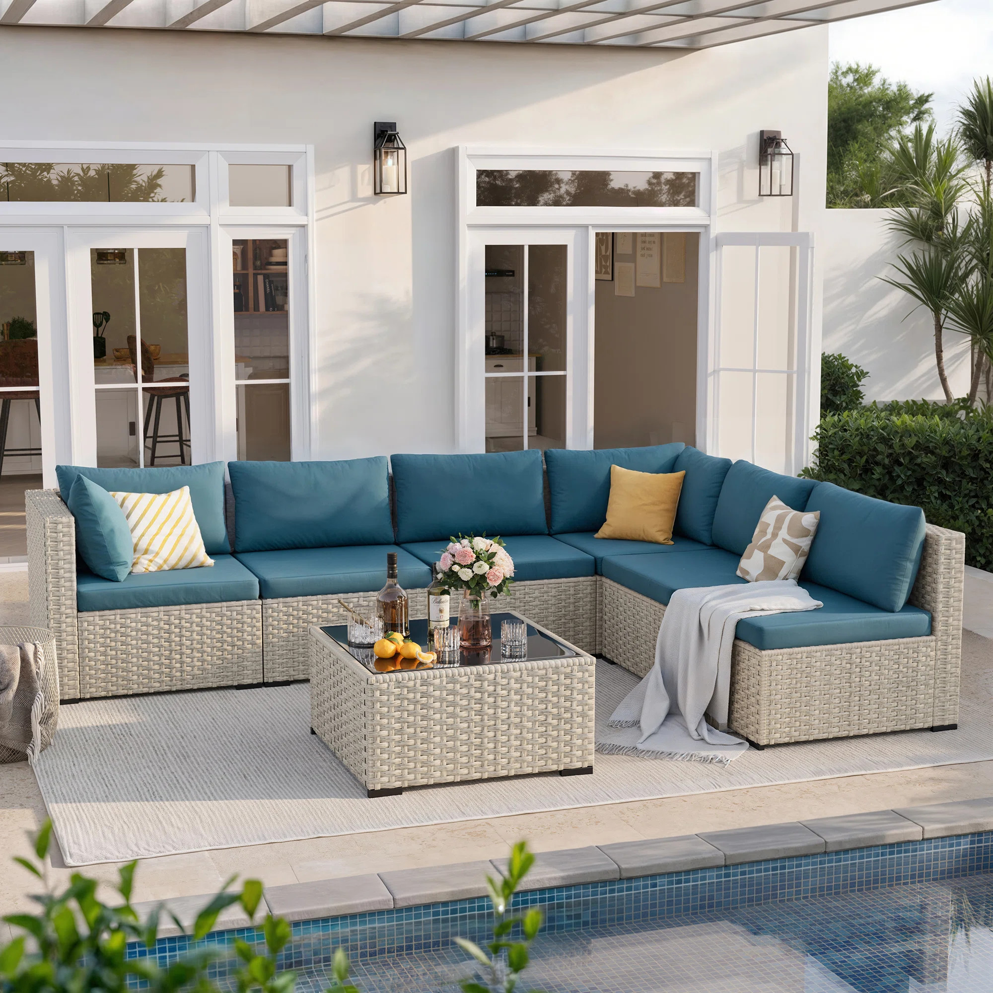 7 Piece Patio Conversation Set with Coffee Table and Cushions | Wayfair North America