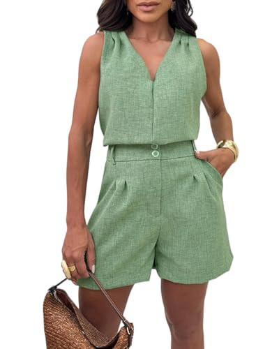 CHICME Women's Summer 2 Piece Outfits V-Neck Sleeveless Ruched Shoulder Top and High Waist Zipper Elastic Back Waist Shorts Set Green-XL | Amazon (US)
