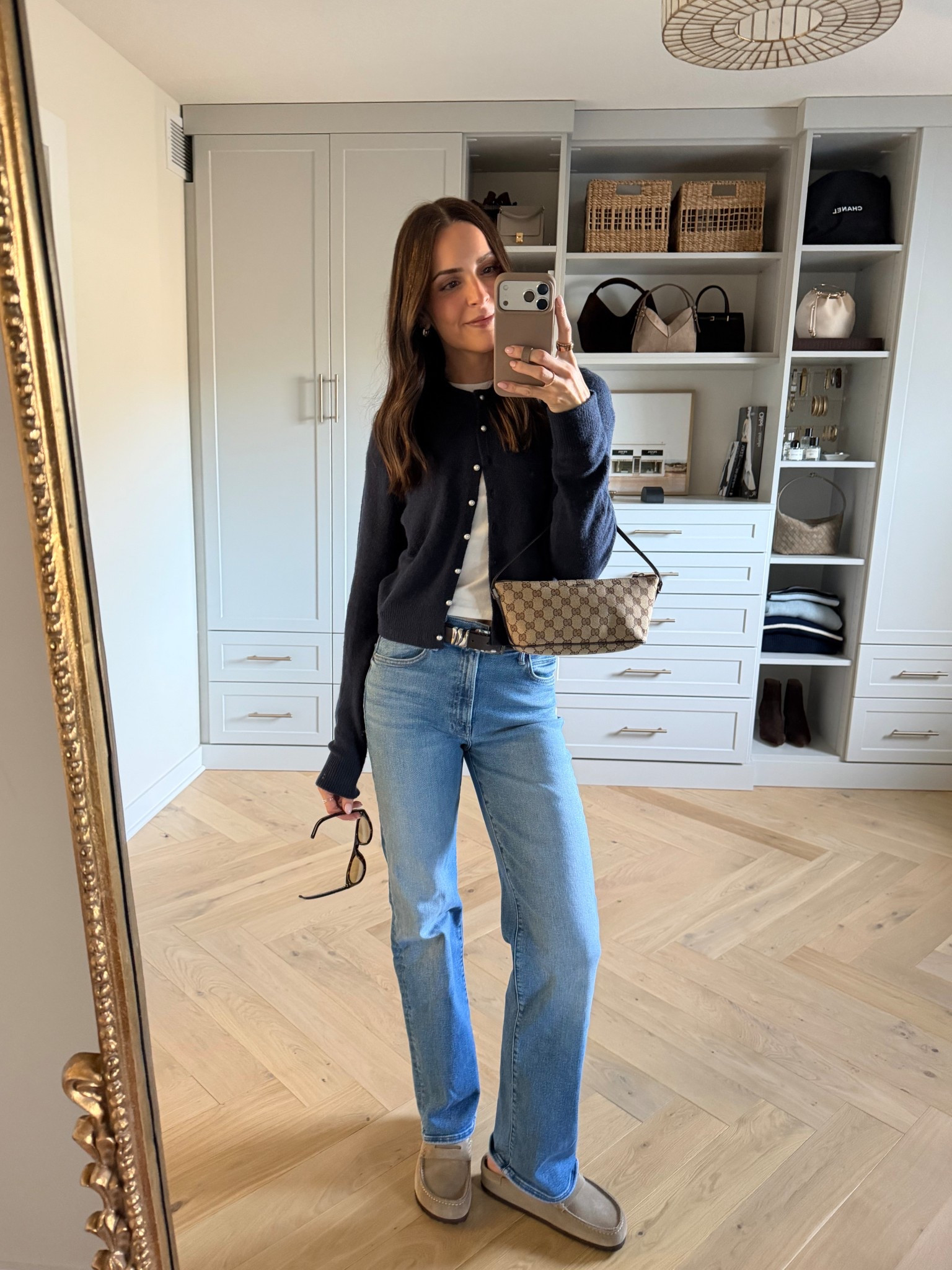 Happy hour fit! 🍸 
Cardigan: true to size (S) so soft and love the pearl buttons
Belt: tts (S) 
Jeans: tts, size up if between (27) 
Loafer mules: tts, size up for half sizes 

#LTKSpringSale #LTKootd #LTKSaleAlert