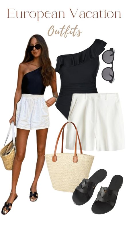 Black swimwear, linen shorts, brown bag, sunglasses, summer outfits, vacation outfit, resort wear 

