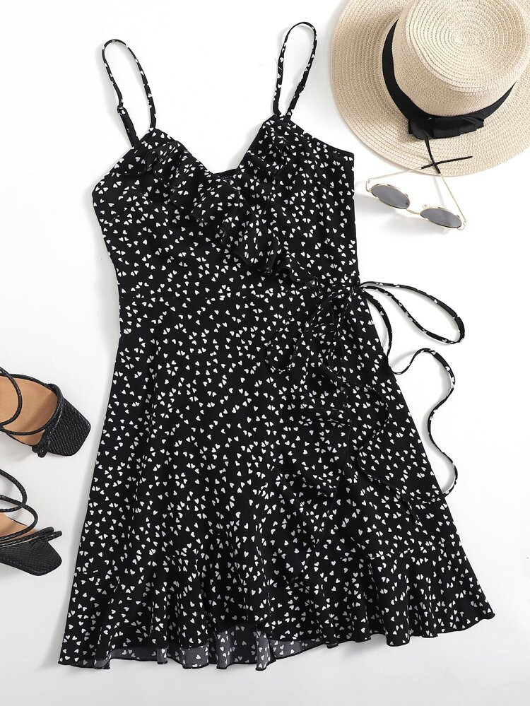SHEIN Allover Heart Print Ruffle Detail Wrap Belted Slip Dress | SHEIN