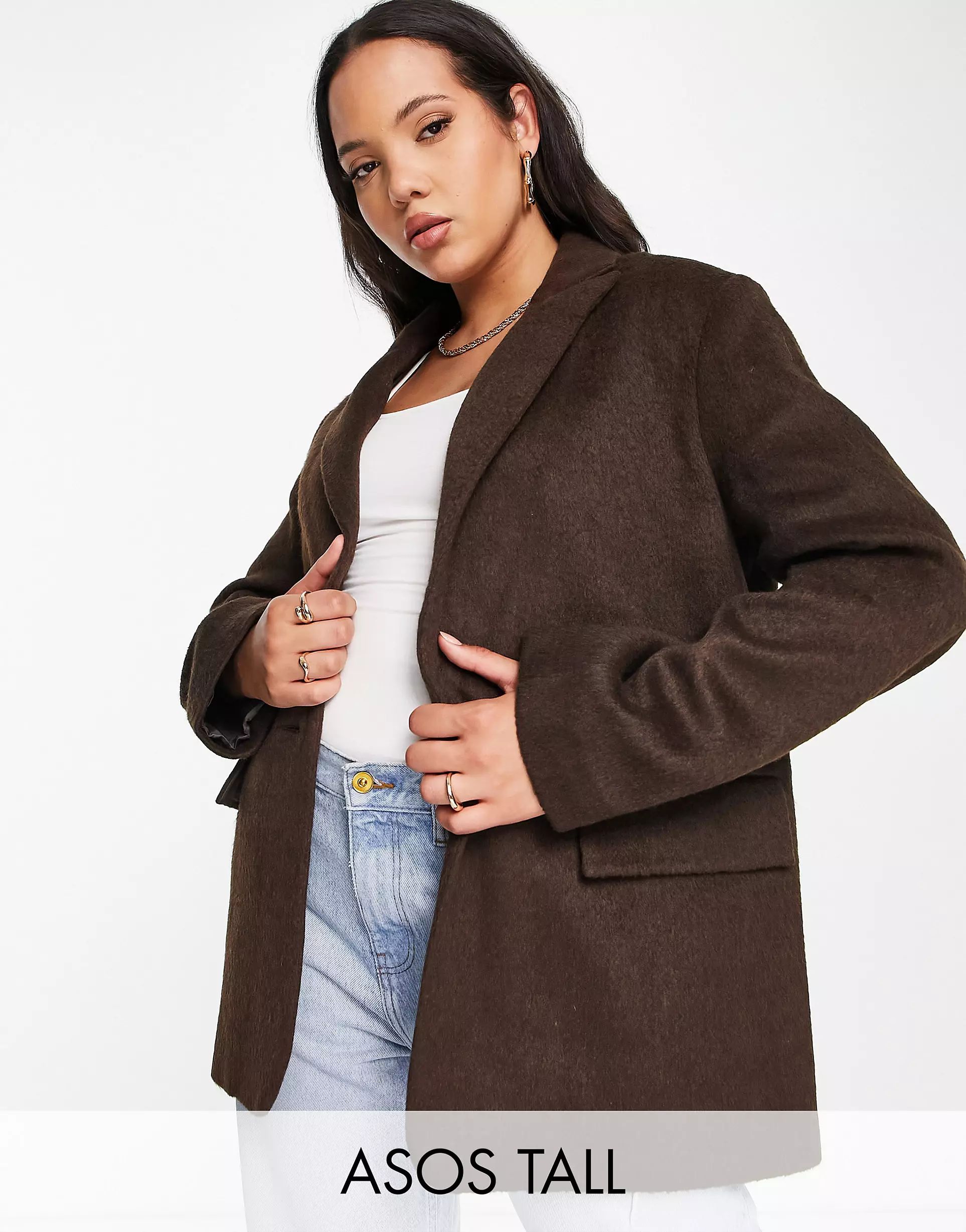 ASOS DESIGN Tall smart oversized grandad wool mix blazer jacket in chocolate | ASOS (Global)