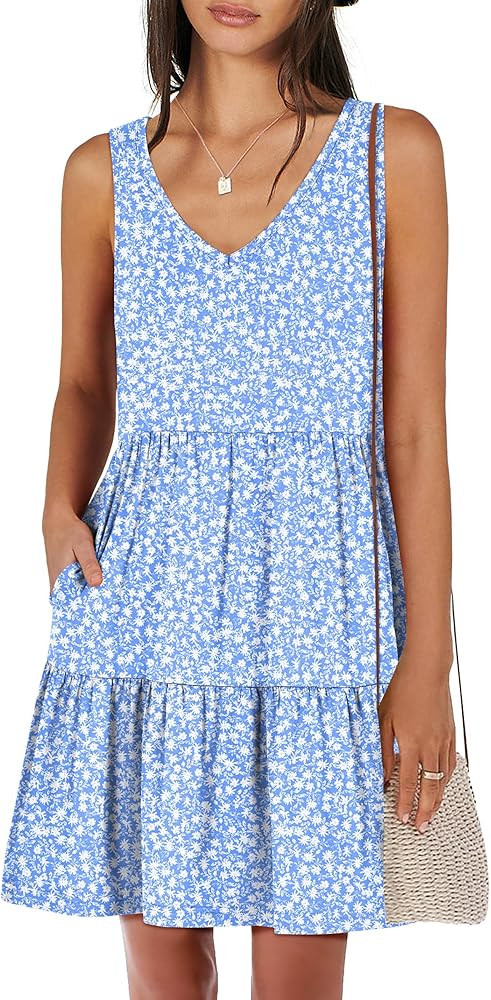 ANRABESS Womens Summer Casual Tank Dress Sleeveless V Neck T Shirt Sundress Flowy Tiered Swing Mi... | Amazon (US)