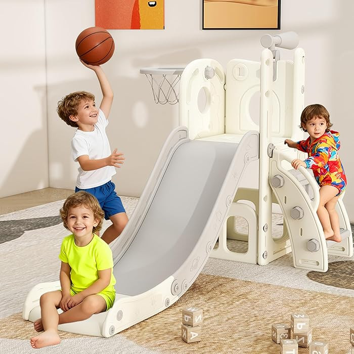 6 in 1 Toddler Slide, Kids Slider for 1-3, Indoor Outdoor Playset Playground with Basketball Hoop... | Amazon (US)